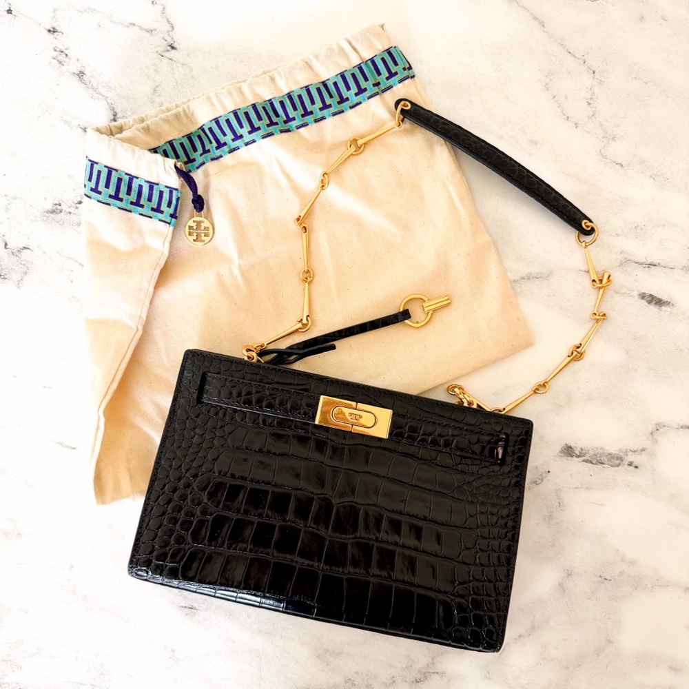 Tory Burch Lee Radziwill Black Croc-Embossed Leather Petite Bag - Picture 3 of 16
